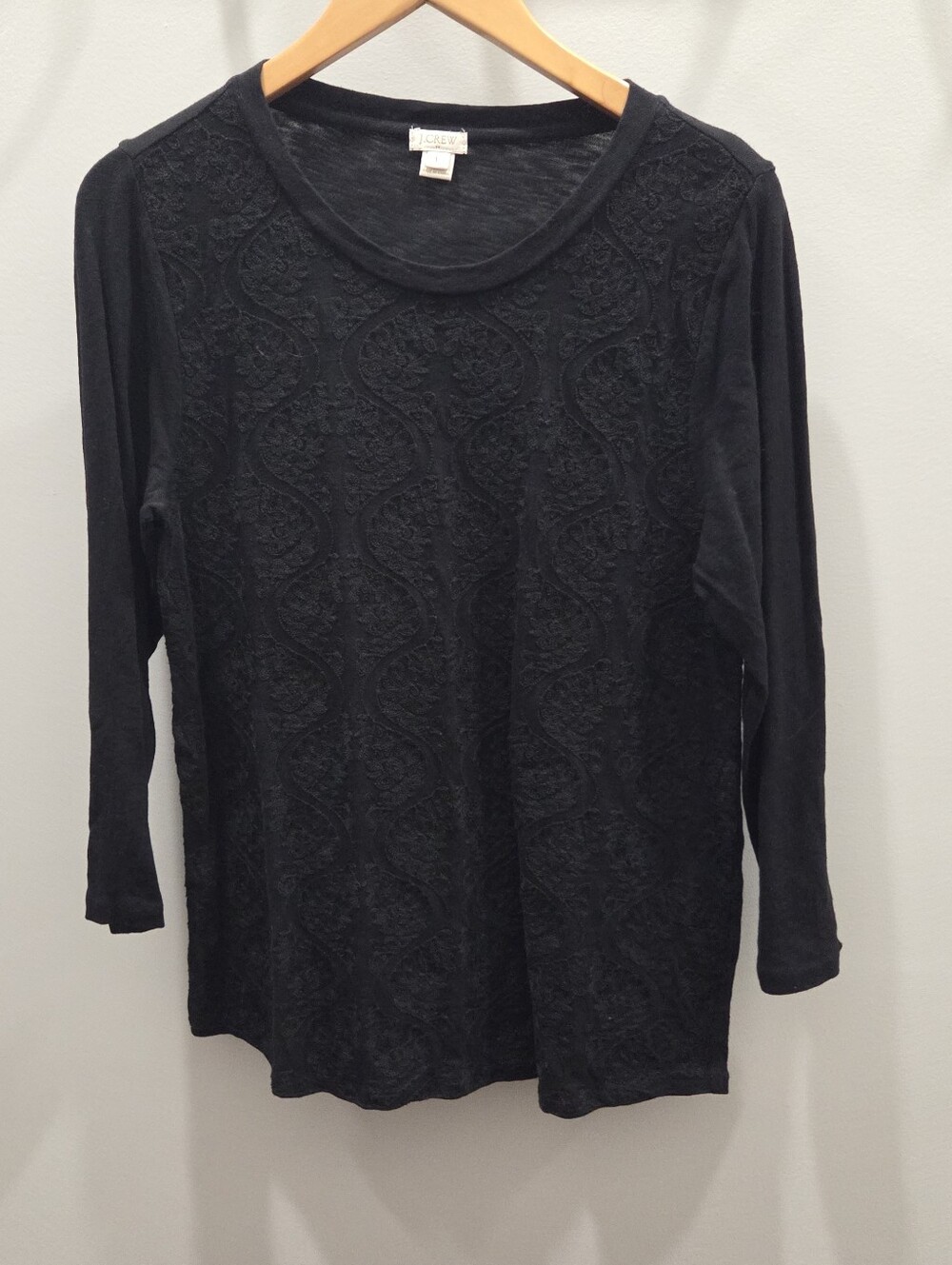 JCrew Black Lace Front Panel 3/4 Sleeve Tee, Large
